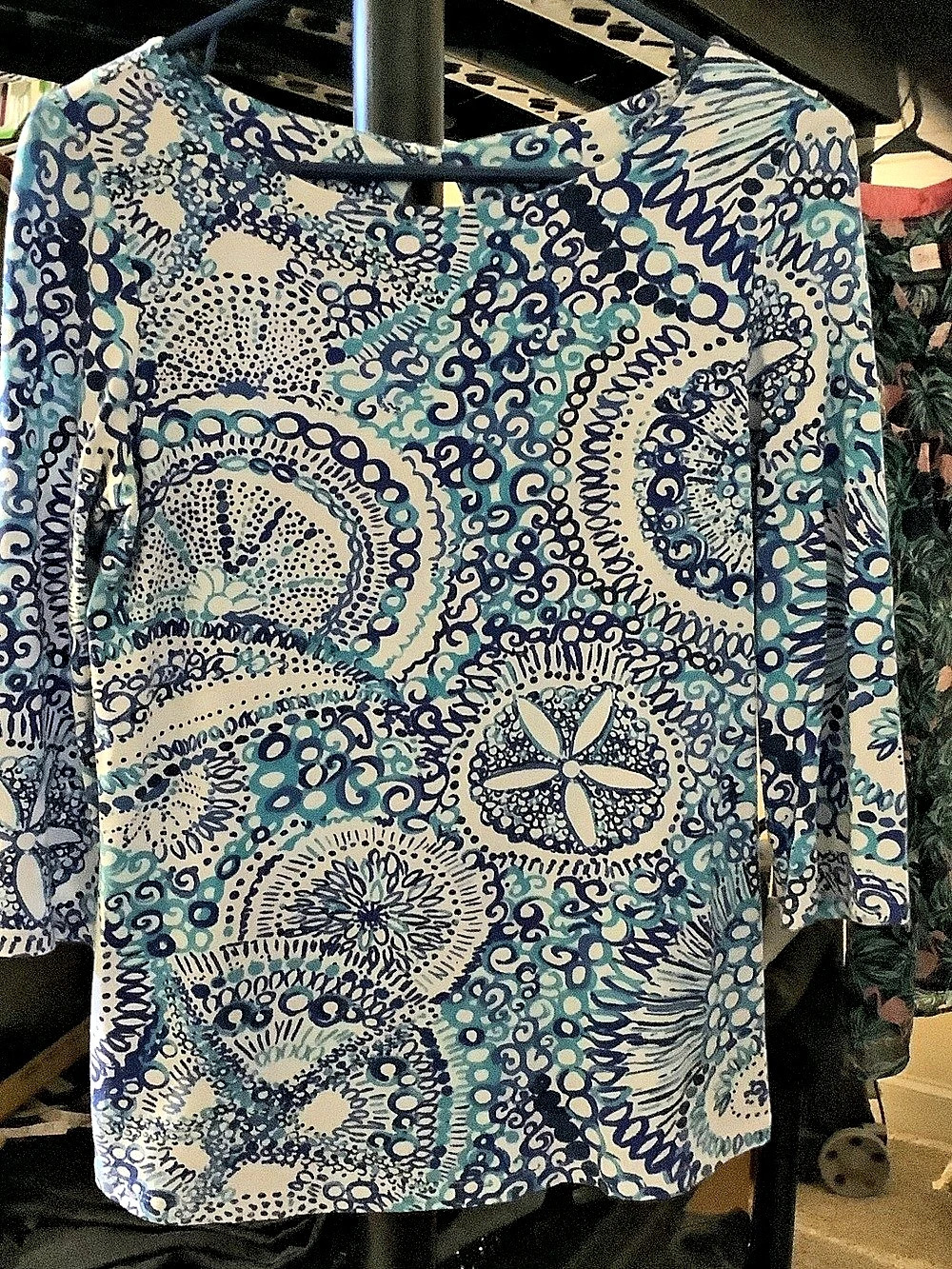 Lilly Pulitzer Key West 3/4 Sleeve Top Paisley Blouse Blue & White